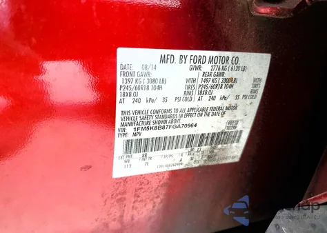 2015 Ford Explorer z USA, uszkodzony, nr VIN 1FM5K8B87FGA70964